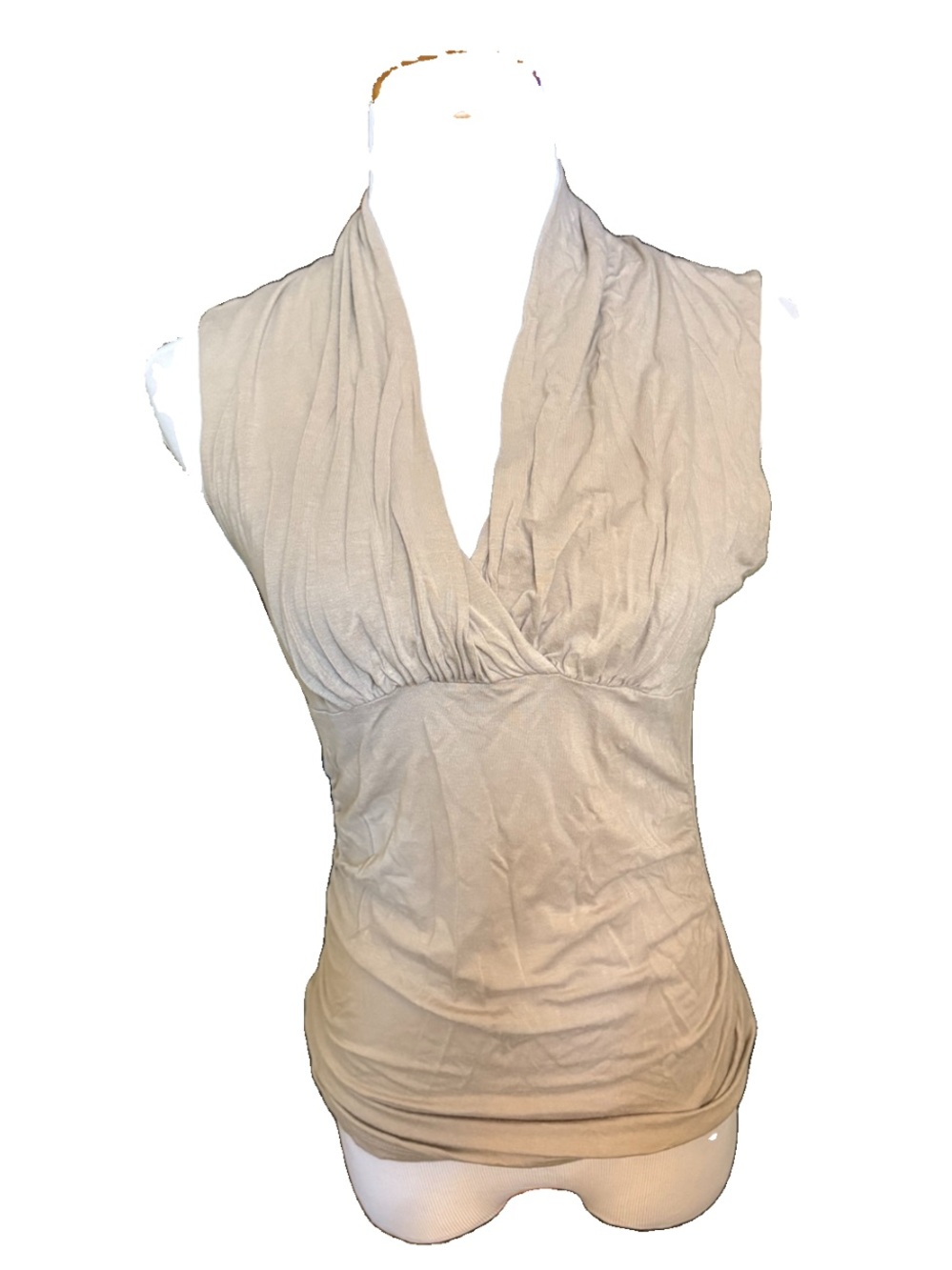 Ann Taylor 2000s Y2K Sleeveless V-Neck Ruched Women's Top in Beige